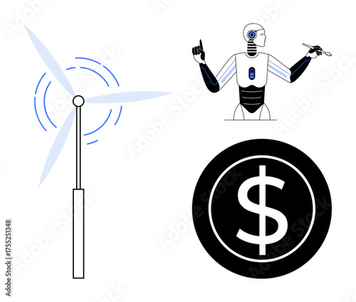 Robot interacting with tools, wind turbine generating energy, and dollar sign highlighting economic balance. Ideal for innovation, technology, AI, sustainable energy, economy, robotics simple flat