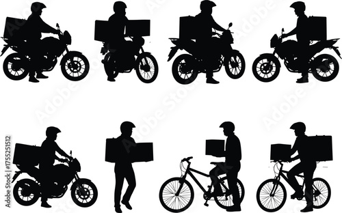 Delivery, courier, silhouette, motorcycle, bicycle, helmet, box, transport, urban, logistics, vector, flat, cad drawing, illustration, service, rider, speed, package, mobility, icon, route, gear