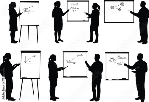 Education, teaching, science, math, physics, chemistry, silhouette, whiteboard, flip chart, presenter, vector, cad drawing, flat, illustration, diagram, graph, equation, molecule, classroom, academic,
