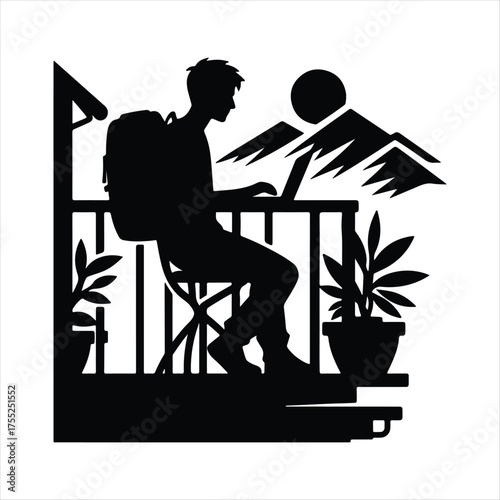 Digital Nomad on Balcony vector silhouette outline logo design concept illustratio