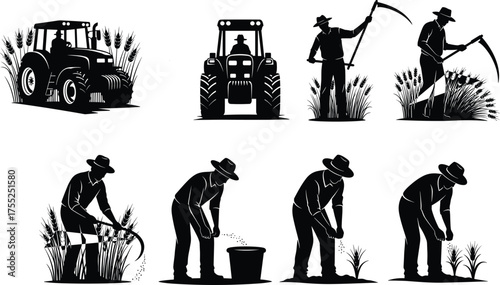 Farming activity silhouette, tractor, planting, harvesting, sowing, agricultural labor scene, rural work moment, cad drawing flat vector illustration