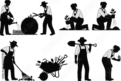 Gardening, plant, silhouette, shovel, watering, pruning, flower, rake, wheelbarrow, soil, vector, flat, cad drawing, illustration, outdoor, nature, activity, tool, care, growth, icon, hobby