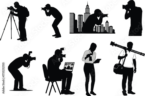 Photographer silhouette scene, camera pose, tripod setup, urban photo moment, digital workflow, cad drawing flat vector illustration