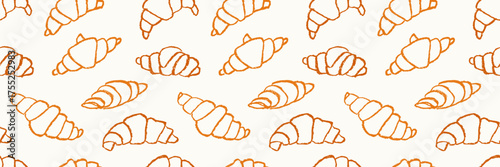 Croissant pattern with crayon texture. Bakery pattern for menus or packaging. Pattern of different sketchy croissant