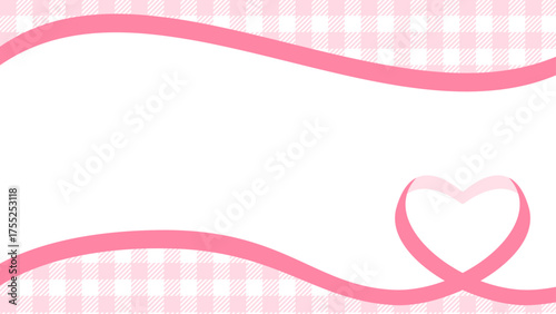 ハート型のリボンのデコレーションフレーム、ギンガムチェック柄のパターン背景、16:9サイズ