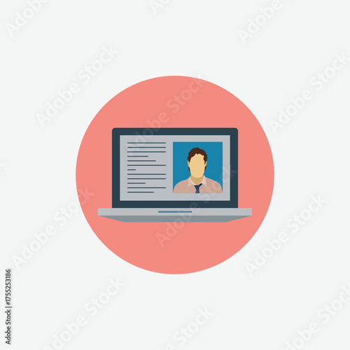 Flat vector illustration of a laptop displaying a user profile on screen. Perfect for concepts like online resume, digital portfolio, virtual meeting, and remote work.