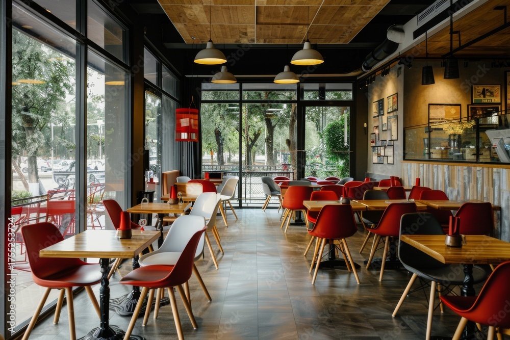 Fototapeta premium Modern restaurant interior with empty tables and chairs