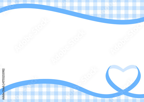 ハート型のリボンのデコレーションフレーム、ギンガムチェック柄のパターン背景