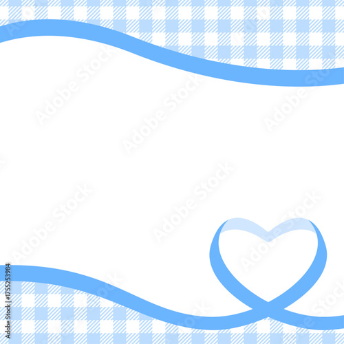ハート型のリボンのデコレーションフレーム、ギンガムチェック柄のパターン背景、正方形サイズ