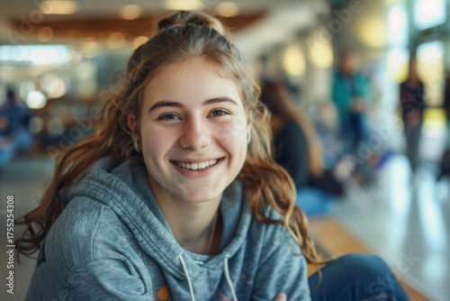 Wallpaper Mural Smiling teenage girl sitting in a modern space Torontodigital.ca