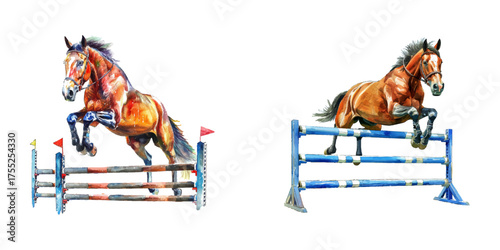 horse jumping hurdles watercolor vector illustration