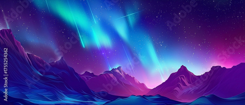 Fototapeta Naklejka Na Ścianę i Meble -  Surreal Aurora Borealis Display Over Jagged Mountain Range at Starry Night