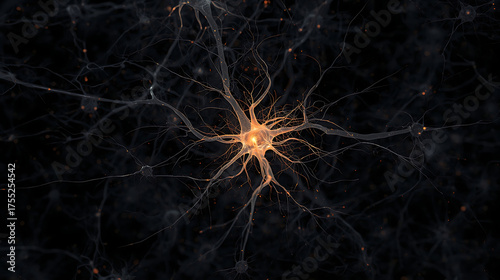 A single, luminous, abstract neuron glowing brightly within a vast, dark, intricate neural network.

