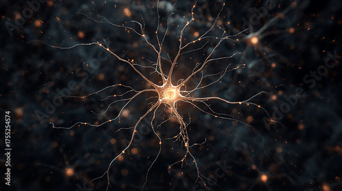 A single, luminous, abstract neuron glowing brightly within a vast, dark, intricate neural network.
