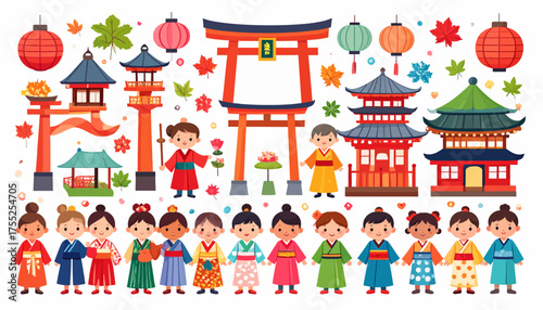 A vibrant illustration showcasing Japanese children in traditional kimonos, iconic architectural structures, and colorful autumn foliage.