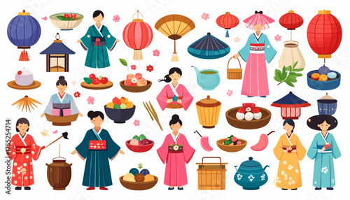 A vibrant assortment of traditional East Asian cultural symbols, showcasing women in kimonos, ornate lanterns, diverse culinary delights, and tea ceremony accessories.
