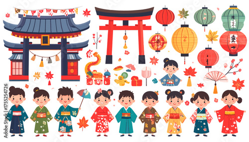 A vibrant illustration featuring Japanese cultural elements, including children, temples, and lanterns.