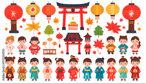 A colorful illustration featuring Japanese cultural elements, children, and traditional lanterns.