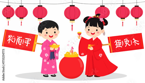 Two cheerful children in traditional attire celebrate a festival, with one dropping a golden object into a large red pot, surrounded by festive lanterns and banners.