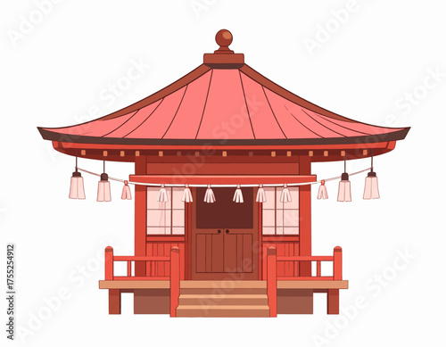 A vibrant illustration of a traditional Japanese Shinto shrine, showcasing its architectural details.