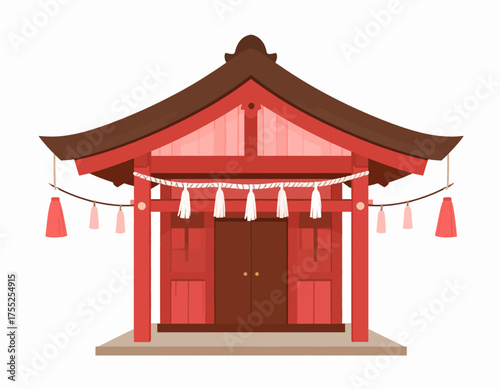 A stylized illustration of a traditional Japanese Shinto shrine with red and brown colors.