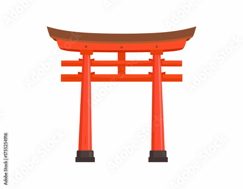 A traditional red Japanese torii gate, the iconic entrance to a Shinto shrine, isolated on a white background.