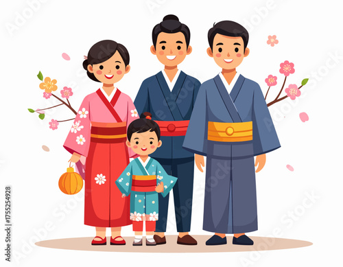 A happy Japanese family of four, dressed in traditional kimonos, posing together with cherry blossoms.