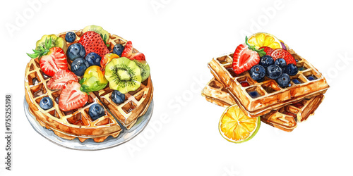 waffles with fruit watercolor vector illustration