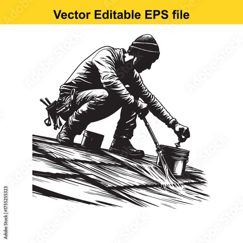 Vector art of a roofer applying sealant to a roof with a brush and bucket, working on a steep incline, black and white illustration