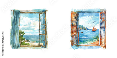 window with nautical view watercolor vector illustration