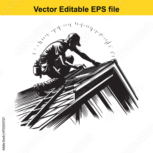 Vector art of roofer working on a house roof, vector illustration