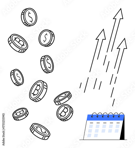 Falling coins with dollar and bitcoin signs, upward arrows showing progress, and a calendar focusing on time. Ideal for finance, cryptocurrency, growth, planning, profit, strategy and investment