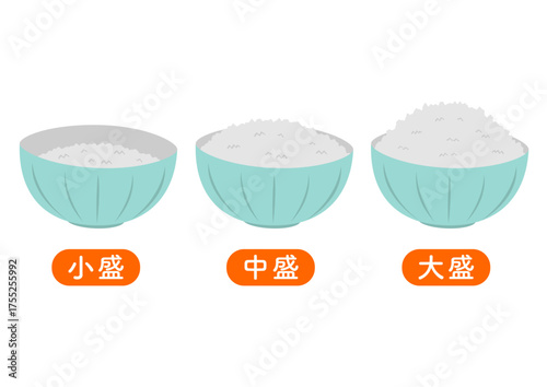 青い茶碗に盛られた色々なサイズの白米のイラストのセット
