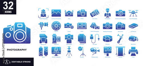 Photography glyph gradient icon set