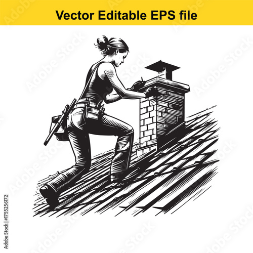 Vector art of female roofer repairing a chimney on a house roof, vector illustration
