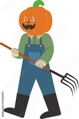 Cartoon Character With A Pumpkin Head Wearing Blue Overalls And Green Shirt Holding A Pitchfork On A Transparent Background