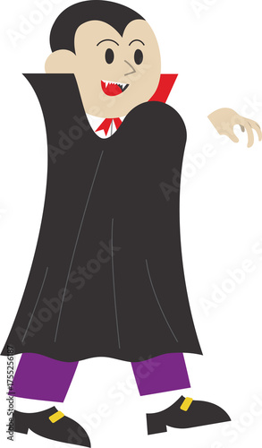Cartoon illustration of a vampire character wearing a black cape and purple pants with fangs and a red tie for Halloween celebrations