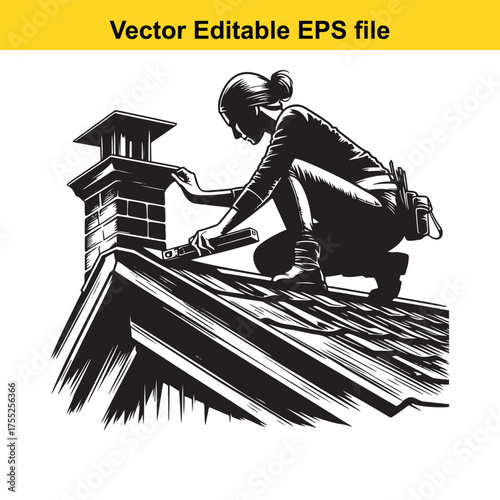 Vector art of woman roofer working on a chimney on a rooftop