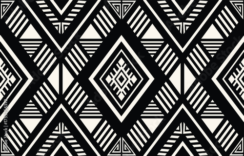 Ethnic tribal Aztec african black and white  background. Seamless tribal pattern, folk embroidery, tradition geometric Aztec ornament. Traditional design for fabric, textile, print, rug, paper, carpet