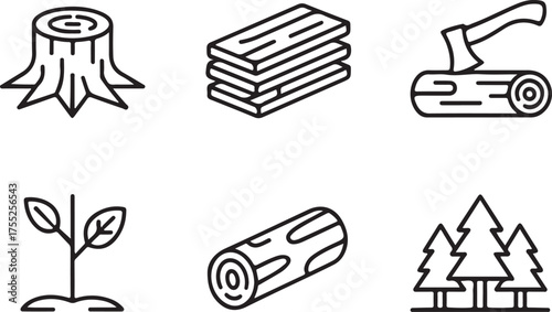 Line Art Icons of Wood, Tree, and Forestry Elements