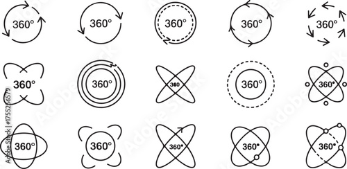 Black and White 360-Degree Rotation Icons in Various Styles