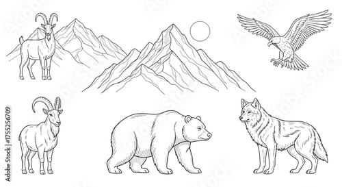 Vector art of a majestic mountain scene with various animals