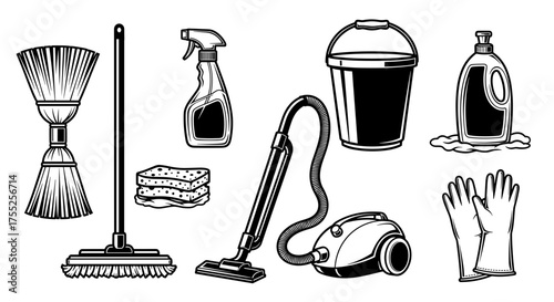 Vector art of cleaning tools and equipment for a spotless home