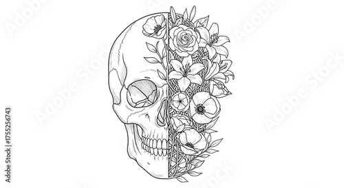 Vector art of skull with flowers illustration, a unique blend of life and death