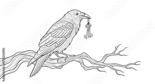 Vector art of detailed raven illustration, holding a key in its beak