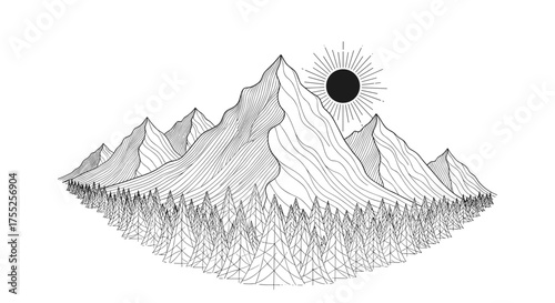 Vector art of detailed line art of mountains with forest and sun