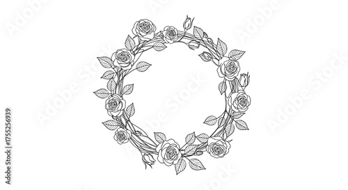 Vector art of detailed line art illustration of a rose wreath, circular shape