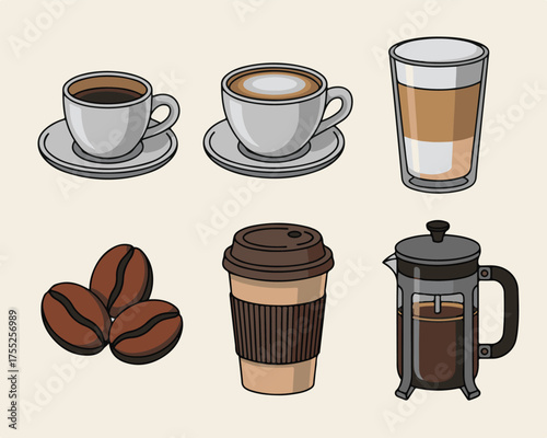 Silhouettes of Coffee Cups, Beans, and Brewing Equipment