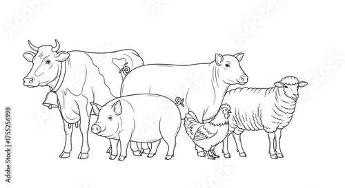 Vector art of farm animals line art featuring a cow, pig, sheep and chicken