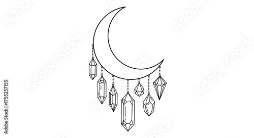 Vector art of crescent moon with hanging crystals is magical and mystical